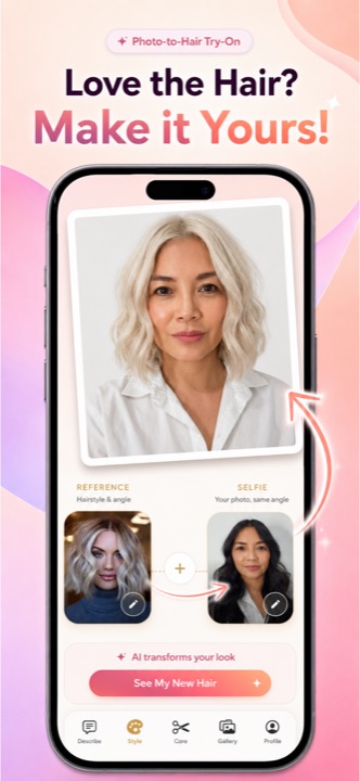 Photo-to-hair try-on: a reference hairstyle photo applied to a user's selfie
